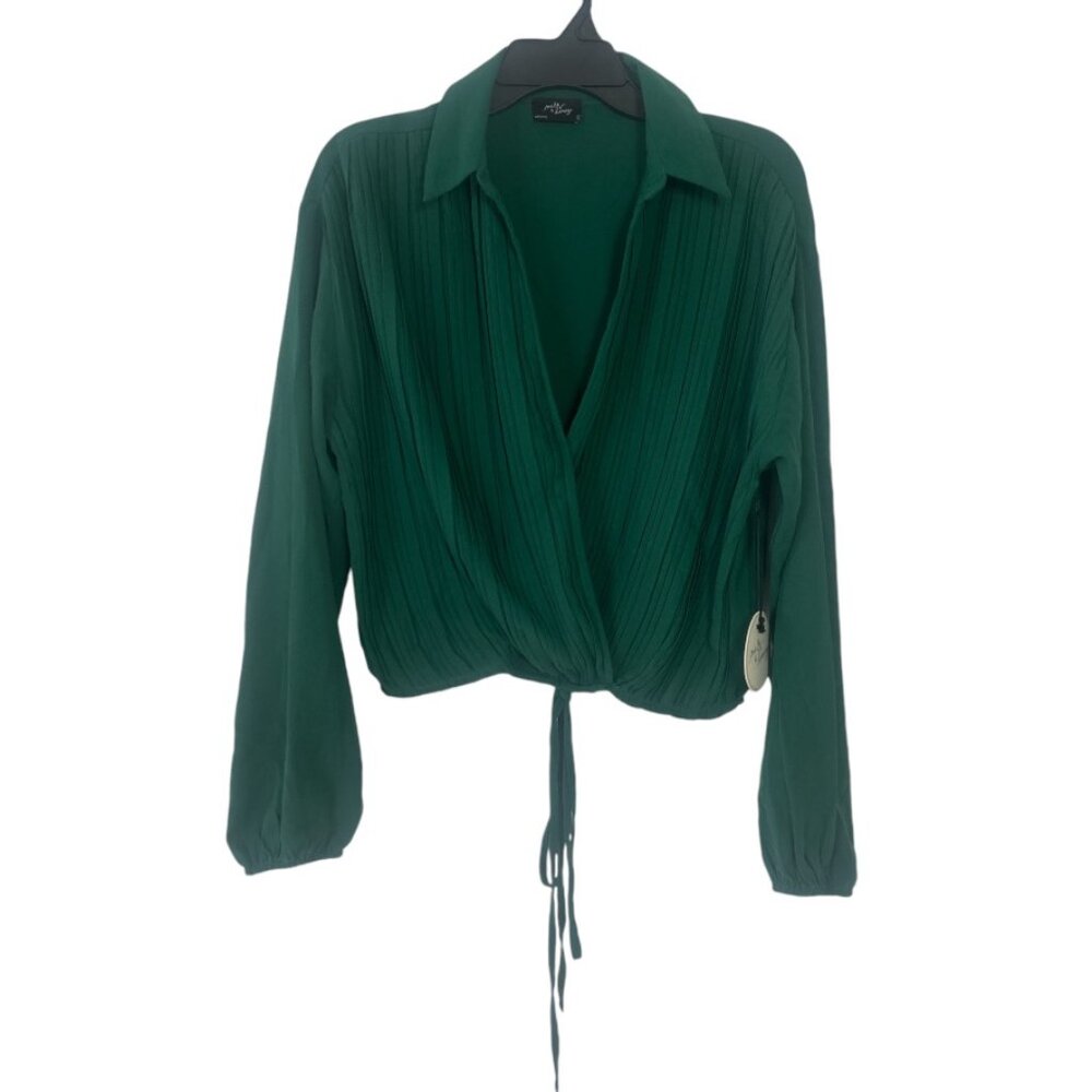 Deep V Neck Pleated Long Puff Sleeve Wrap Blouse